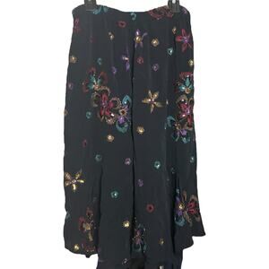 Vintage Black Skirt with Colorful Beaded and Sequined Flowers
